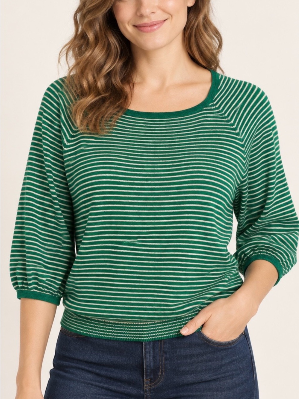 Mango Green/White Striped Scoop-Neck Knit Pullover 3/4 Balloon Sleeves